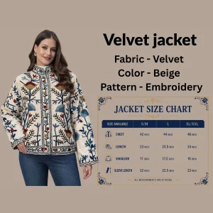 Vintage Style Beige Velvet Embroidered Jacket Gift For Women's - Image 5