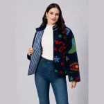 Women Blue Velvet Floral Embroidered Jacket