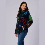 Women Blue Velvet Floral Embroidered Jacket - Image 4