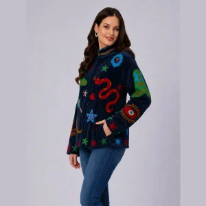 Women Blue Velvet Floral Embroidered Jacket - Image 4