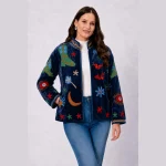Women Blue Velvet Floral Embroidered Jacket - Image 2