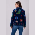 Women Blue Velvet Floral Embroidered Jacket - Image 7