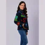 Women Blue Velvet Floral Embroidered Jacket - Image 5