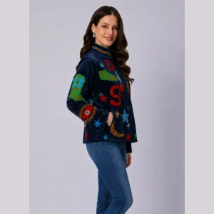 Women Blue Velvet Floral Embroidered Jacket - Image 5