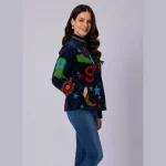 Women Blue Velvet Floral Embroidered Jacket - Image 6