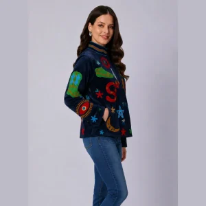 Women Blue Velvet Floral Embroidered Jacket - Image 6