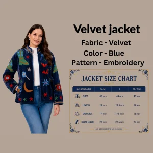 Women Blue Velvet Floral Embroidered Jacket - Image 8