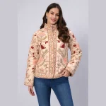 Women's Beige Velvet Embroidered Jacket Handmade Floral - Image 2