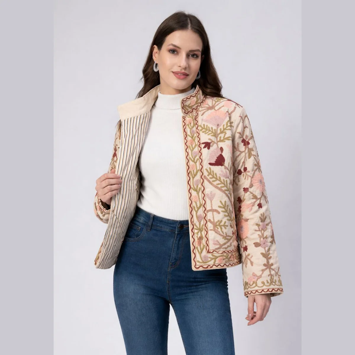womens-beige-velvet-embroidered-jacket-handmade-floral SVJ-1 (2) Women's Beige Velvet Embroidered Jacket Handmade Floral - Image 1