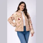 Women's Beige Velvet Embroidered Jacket Handmade Floral - Image 3