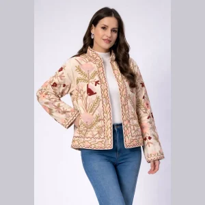 Women's Beige Velvet Embroidered Jacket Handmade Floral - Image 3