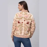 Women's Beige Velvet Embroidered Jacket Handmade Floral - Image 4
