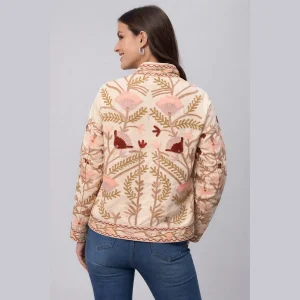 Women's Beige Velvet Embroidered Jacket Handmade Floral - Image 4
