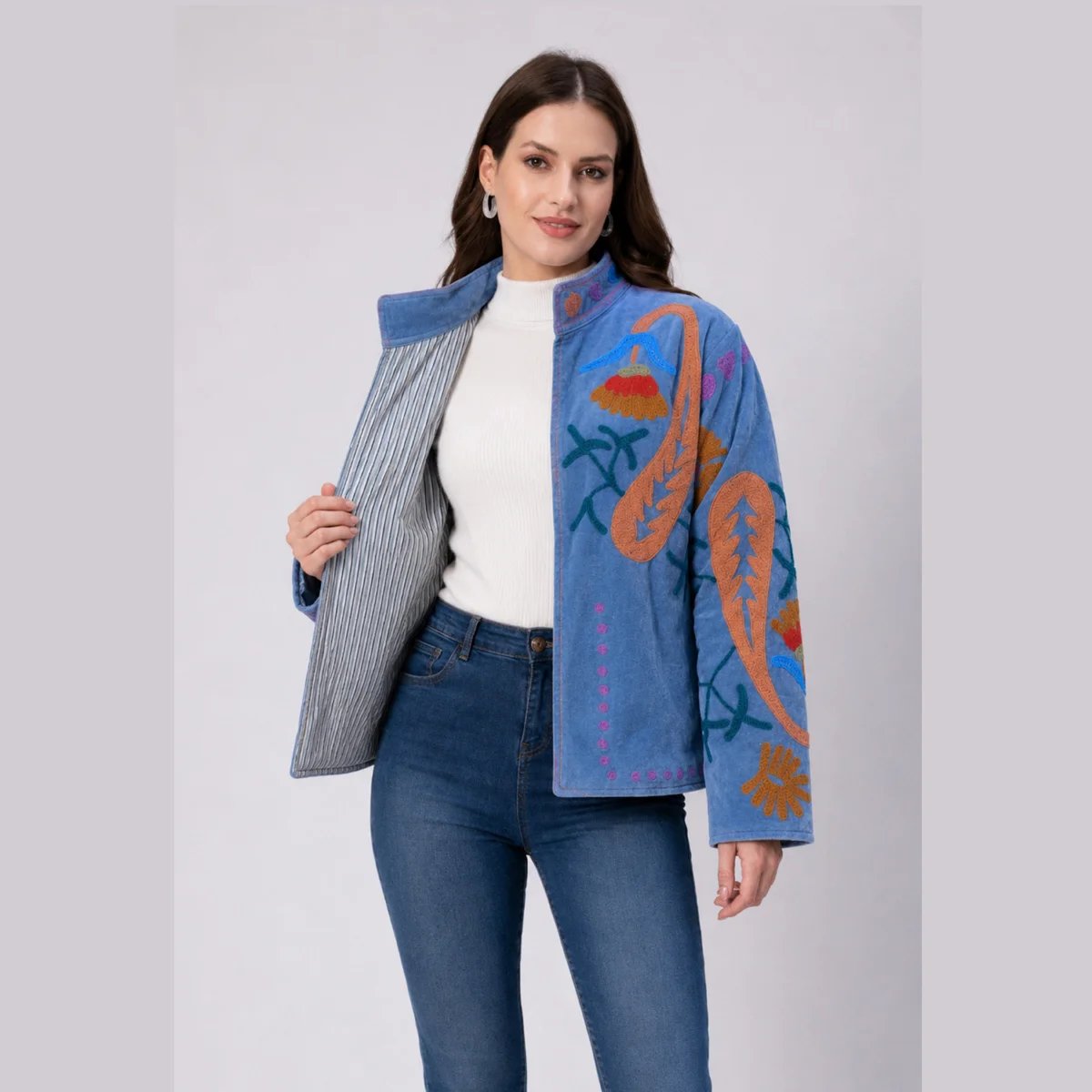womens-ethnic-winter-wear-gray-velvet-embroidery-jacket SVJ-8 (4) Women's Ethnic Winter Wear Gray Velvet Embroidery Jacket - Image 1