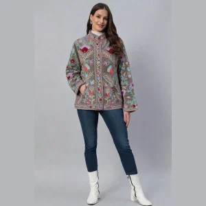 Women's Floral Embroidered Velvet Jacket Gray Color - Image 3