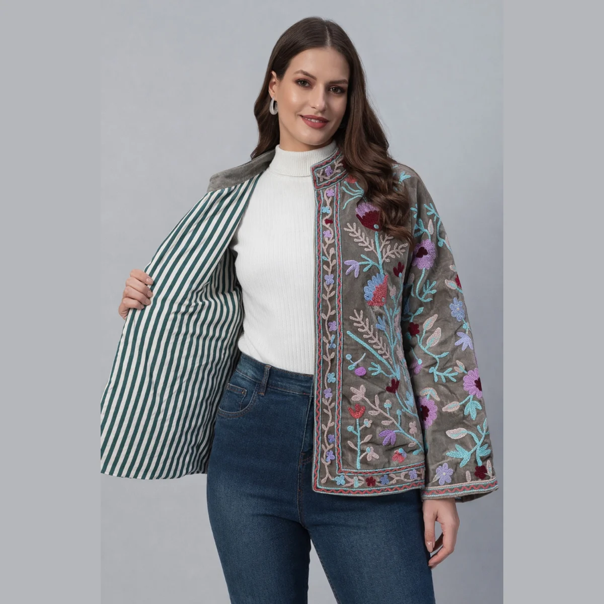 womens-floral-embroidered-velvet-jacket-gray-color SVJ-4 (4) Women's Floral Embroidered Velvet Jacket Gray Color - Image 1