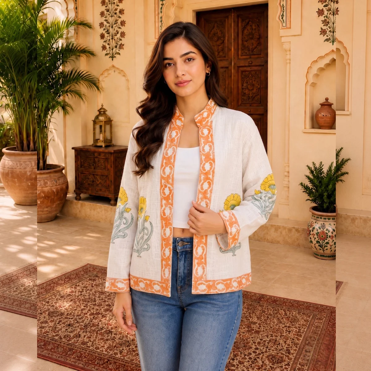 womens-handloom-cotton-floral-jacket-hand-block-print-coat HCJ-2 (1) Women's Handloom Cotton Floral Jacket, Hand Block Print Coat - Image 1