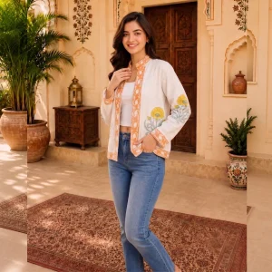 Women's Handloom Cotton Floral Jacket, Hand Block Print Coat - Image 4
