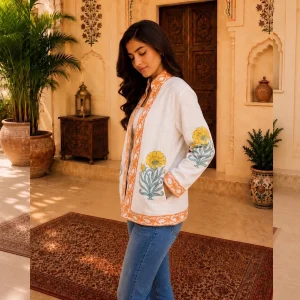 Women's Handloom Cotton Floral Jacket, Hand Block Print Coat - Image 3