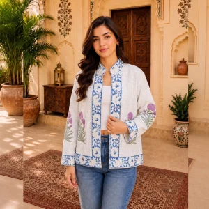 Women's Handloom Cotton Jacket, Blue Floral Hand Block Print Jacket - Image 3