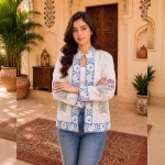 Women's Handloom Cotton Jacket, Blue Floral Hand Block Print Jacket - Image 4