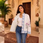 Women's Handloom Cotton Jacket, Blue Floral Hand Block Print Jacket - Image 6