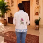 Women's Handloom Cotton Jacket, Blue Floral Hand Block Print Jacket - Image 8