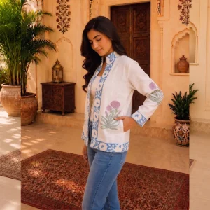 Women's Handloom Cotton Jacket, Blue Floral Hand Block Print Jacket - Image 7
