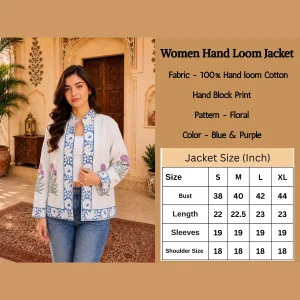 Women's Handloom Cotton Jacket, Blue Floral Hand Block Print Jacket - Image 9