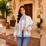 Women's Handloom Cotton Jacket Boho Outerwear Hand Black Print Coat