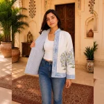 Women's Handloom Cotton Jacket Boho Outerwear Hand Black Print Coat - Image 2