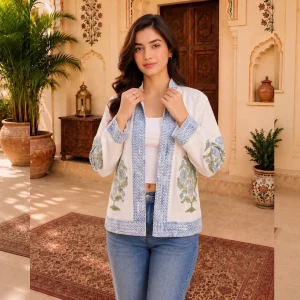 Women's Handloom Cotton Jacket Boho Outerwear Hand Black Print Coat - Image 3