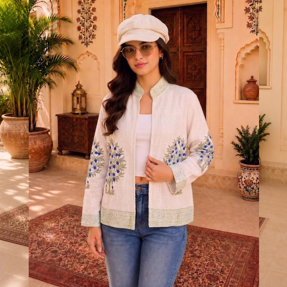womens-handloom-cotton-jacket-green-blue-floral-hand-block-print-jacket HCJ-7 (1) Women's Handloom Cotton Jacket, Green & Blue Floral Hand Block Print Jacket - Image 1
