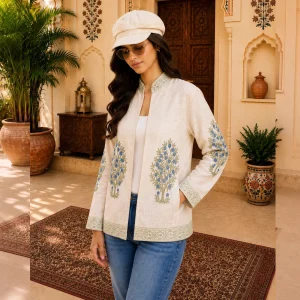 Women's Handloom Cotton Jacket, Green & Blue Floral Hand Block Print Jacket - Image 3