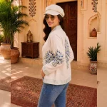 Women's Handloom Cotton Jacket, Green & Blue Floral Hand Block Print Jacket - Image 4