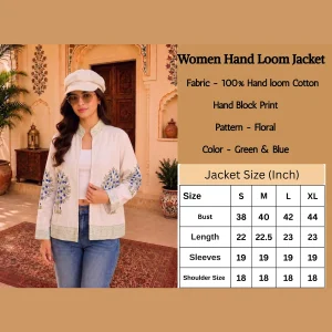 Women's Handloom Cotton Jacket, Green & Blue Floral Hand Block Print Jacket - Image 9