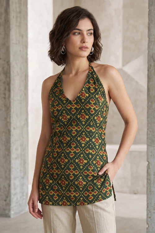 green block printed short kurti