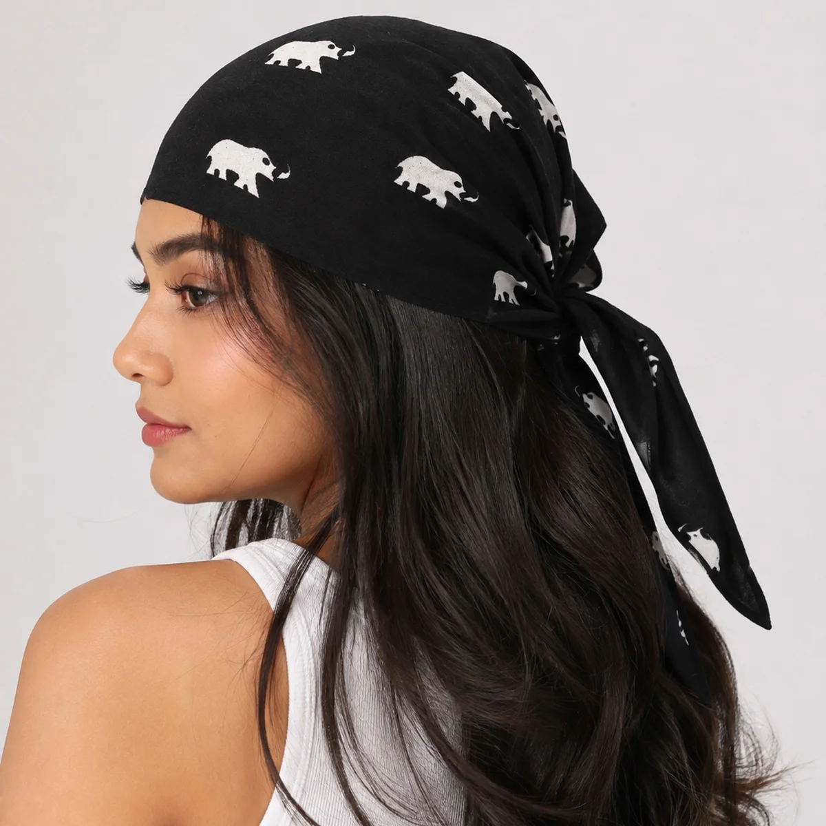 black-elephant-print-100-cotton-bandana-21-x-21 BCS-13 (1) Black Elephant Print 100% Cotton Bandana (21" x 21") - Image 1