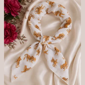 Indian Handmade White Tiger Print Cotton Bandana 21" - Image 6