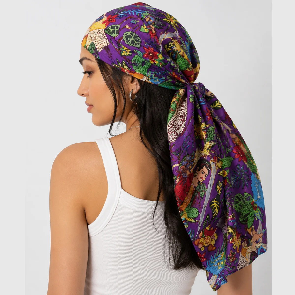 purple-frida-kahlo-print-cotton-bandana-hair-wrap-neck-scarf BCS-12 (1) Purple Frida Kahlo Print Cotton Bandana – Hair Wrap & Neck Scarf - Image 1