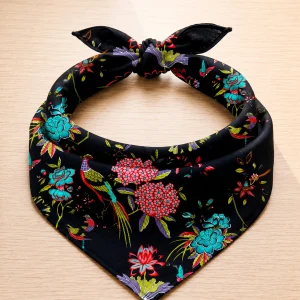 Women Black Cotton Bandana 21" Bird Print Hair Scarf Headband - Image 3