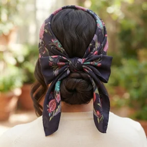 Women Black Cotton Bandana 21" Bird Print Hair Scarf Headband - Image 4