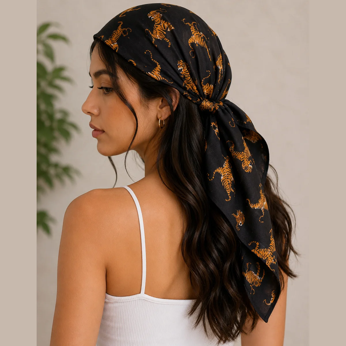 women-black-tiger-cotton-hair-wrap-bandana-scarf BCS-22 (1) Women Black Tiger Cotton Hair Wrap Bandana Scarf - Image 1