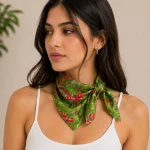 Women Green Garden Bird Print Cotton Bandana 21"x21" - Image 3
