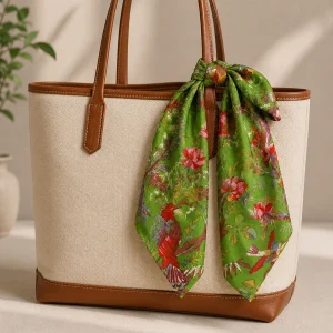 Women Green Garden Bird Print Cotton Bandana 21"x21" - Image 4