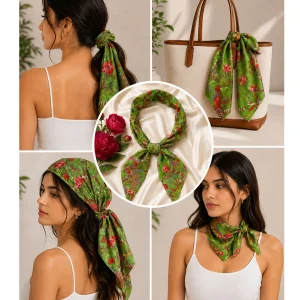 Women Green Garden Bird Print Cotton Bandana 21"x21" - Image 8