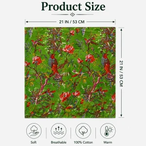 Women Green Garden Bird Print Cotton Bandana 21"x21" - Image 9