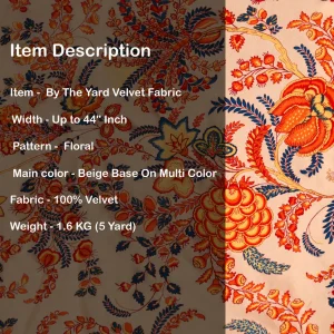 Beige Velvet Fabric Multi Mughal Flower 44" Wide Sewing - Image 5
