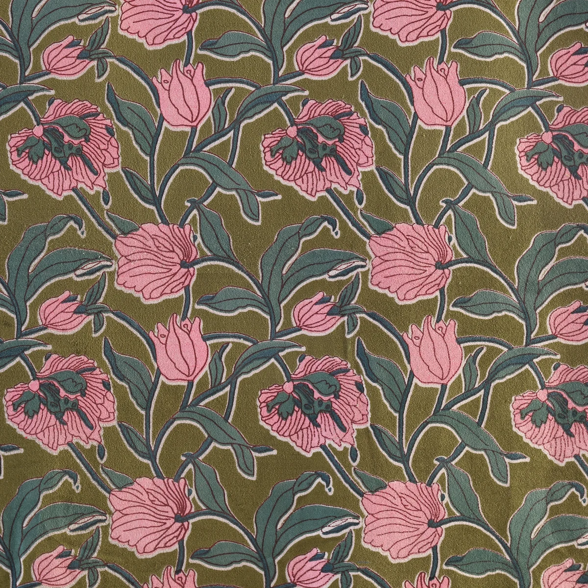 new-green-velvet-fabric-pink-flower-print-44 VF-50 (1) New Green Velvet Fabric Pink Flower Print 44" - Image 1