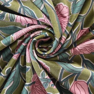 New Green Velvet Fabric Pink Flower Print 44" - Image 4